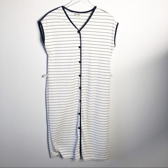 Stripe Midi Dress White and Navy Blue Vintage M - Picture 1 of 7